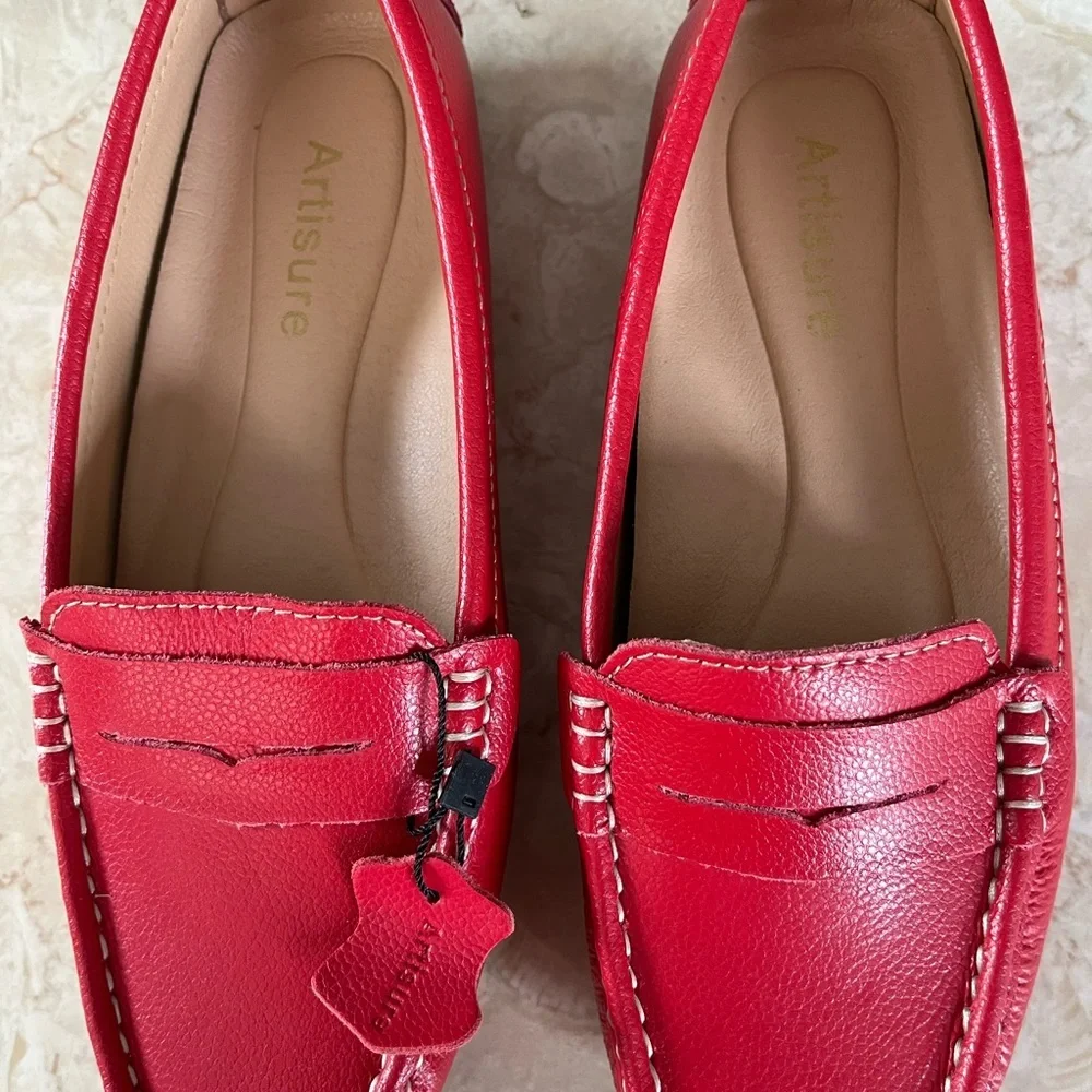Cherry Red Leather Flats‎ with Moccasin Stitching